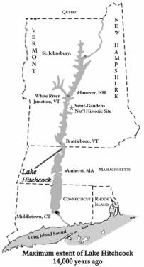 Map of Lake Hitchcock, a huge lake covering what is now the Connecticut River. It was fed by water from melting glaciers.