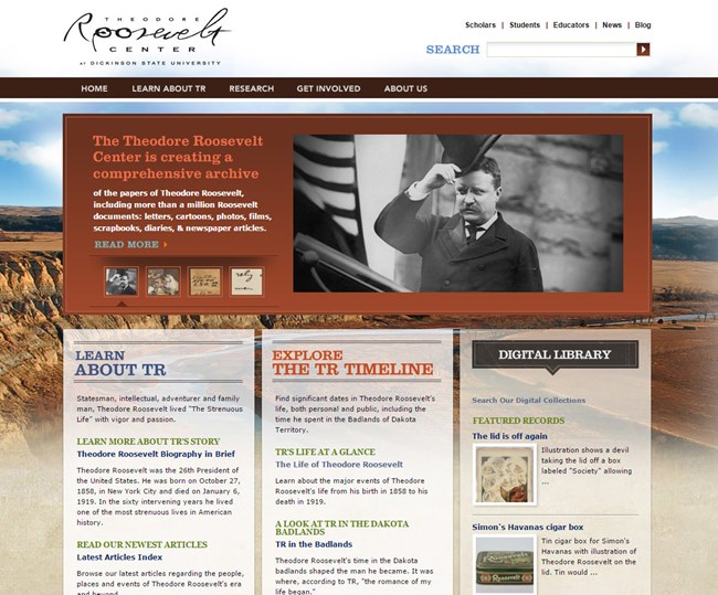 Home screen of the Theodore Roosevelt Center with highlights of collections.