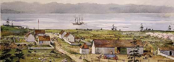 An artist's depiction of Belle Vue Sheep farm's home prairie establishment in September 1859.