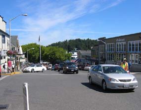 Ferry traffic moves up Spring Street in Friday Harbor.