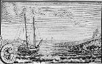 a small schooner waits while two men unload cargo