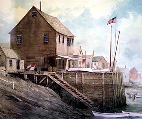 Watercolor painting of Pedrick Store House as it appeared in Marblehead