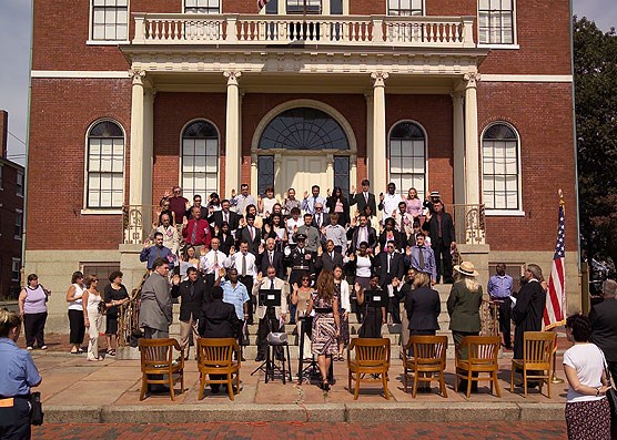 new citizens being sworn in on the steps of the Custom House, Sept 19, 2006