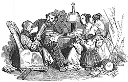 a victorian woodcut of a family reading the newspaper