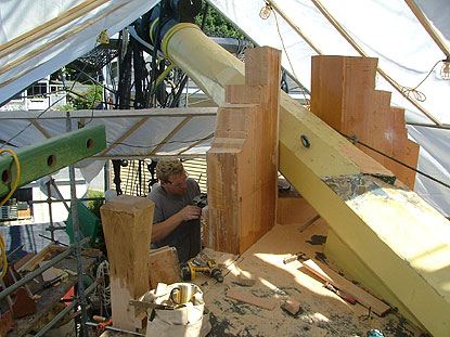 a view from the deck towards the bow of Friendship, showing the bowsprit and hawse timbers