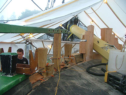 A view from the deck of Friendship of the work on the bow