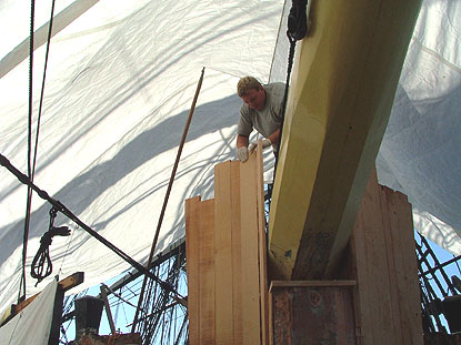 The starbord side hawse timber is the vertical piece of wood in the center of the photo.