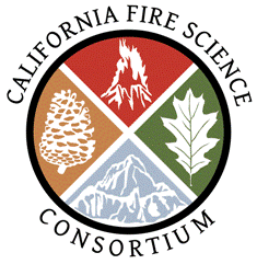 California Fire Science Consortium logo. Made up of a black circle with a white X dividing the circle into four equal parts. In the top quadrant there is fire graphic on a red field, in the left quadrant there is a pine cone on a brown field, in the right quadrant there is a leaf on a green field, and in the bottom quadrant there is a mountain peak on a light blue field.