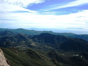 Chaparral covered hills are found all over the Santa Monica Mountains. Even at the highest point, Sandstone Peak.
