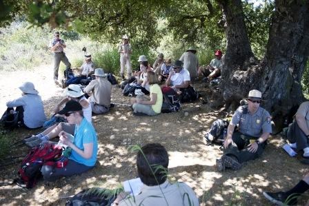BBT hikers enjoy lunch under the shade of a large oak tree.