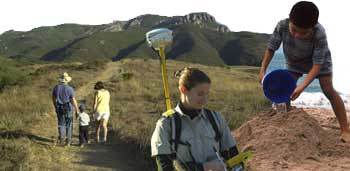 Explore, Protect, Enjoy Montage of images: Mammal Tracking, Beach, and Hiking Family