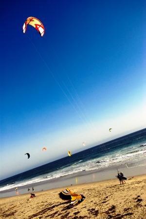 Kite surfers enjyoy a day at the beach.