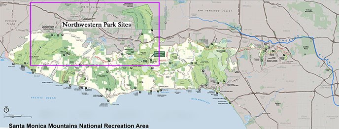 A map of park sites found in the northwestern area of the range based access to major roadways. Sites in the purple box are listed below.