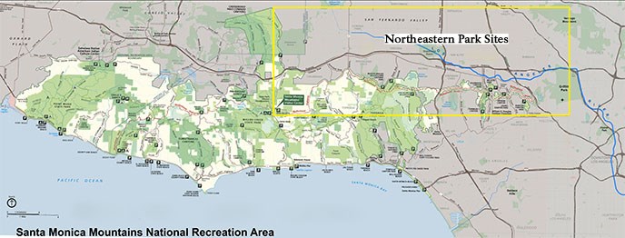 A map of park sites found in the northeastern area of the range based on access to major roadways. Sites in the yellow box are listed below.