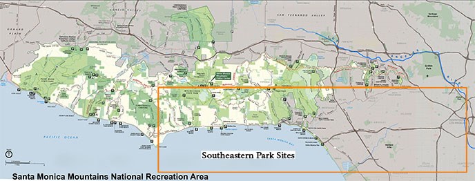 A map of park sites found in the southeastern area of the range based on access to major roadways. Sites in the orange box are listed below.