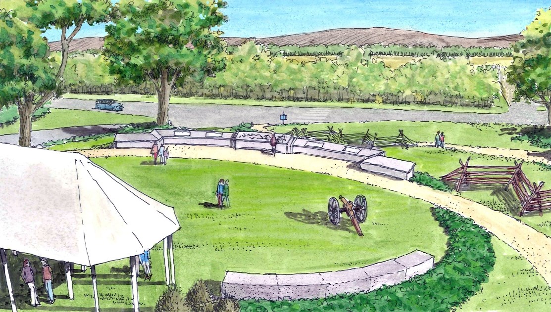 Birdseye view of proposed site development, includes tent, log fence, cannons, and memorial wall