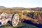 A close cannon overlooks an autumn river valley