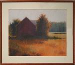 impressionistic view of red barn in field
