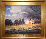 An old, yellow farmhouse from across a field