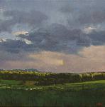 View across green fields to distant mountain