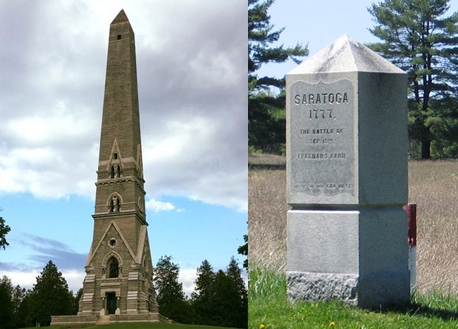 Composite photo: LEFT, a tall, granite obelisk; RIGHT, a small granite monument