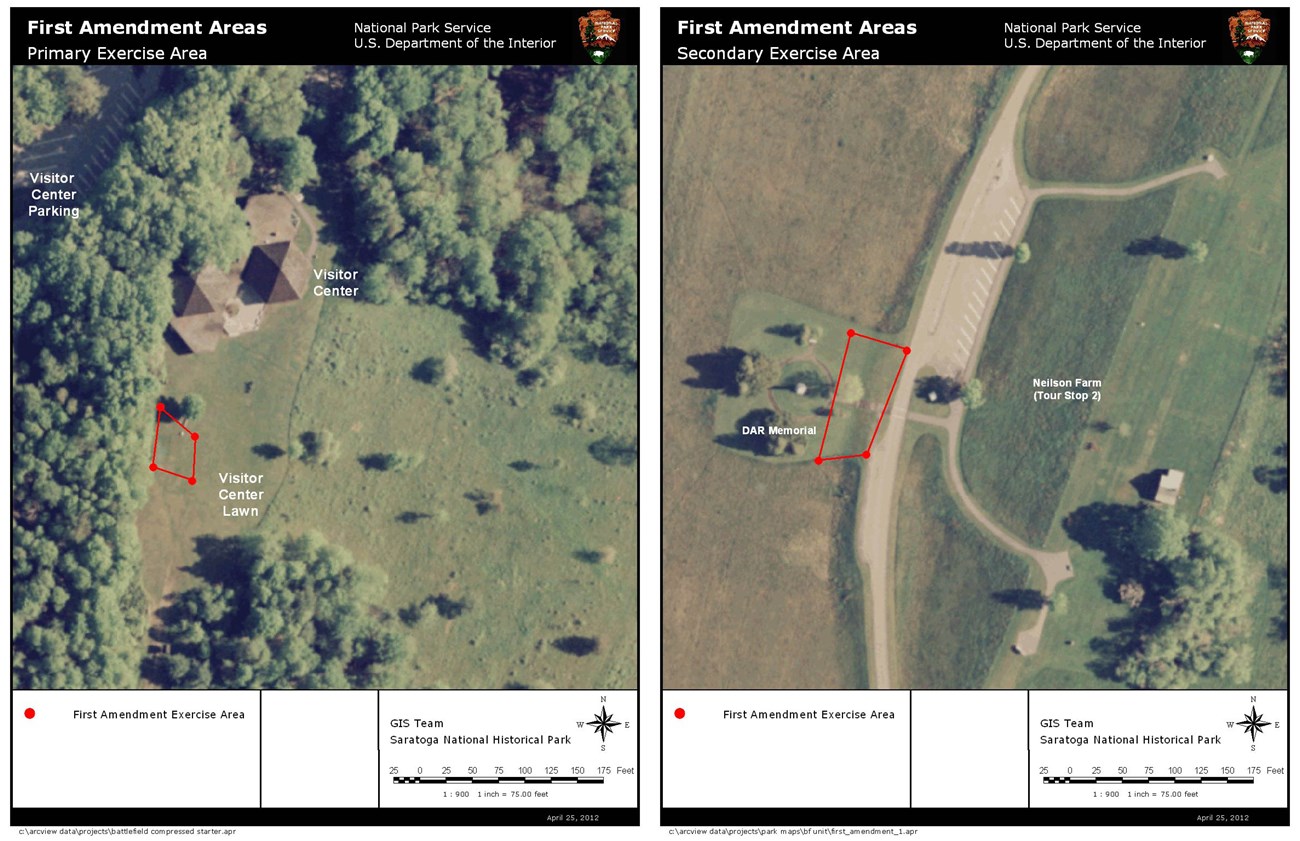 Two maps side by side depicting aerial views of locations in park where first amendment activities can take place. Areas are marked with red outlines.