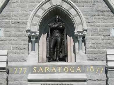 Bronze statue of American General Philip Schuyler.  Beneath his feet reads "1777 Saratoga 1877".