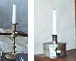 Two styles of candle holders: a brass candle stick, and a "tinder box" candle holder.