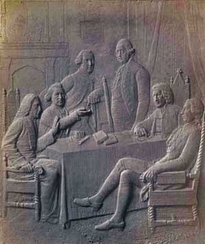 Bronze plaque portraying Britain's King George III and political advisers.