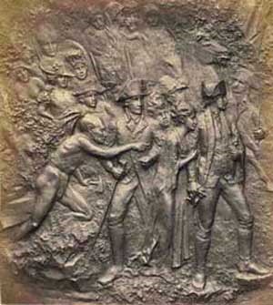Bronze plaque depicting wives of British Officers journeying through a forested area with their husbands' army