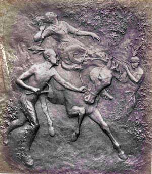 Bronze plaque portraying the killing of Jane McCrea by Native Americans in the service of the British Army.