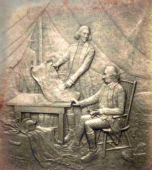 Bronze plaque depicting American General Philip Schuyler transferring command of his army to General Horatio Gates.