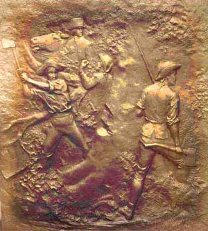 Bronze plaque depicting American General Philip Schuyler directing several soldiers in cutting down trees
