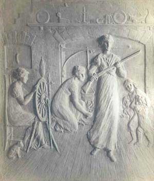 Bronze plaque with stylized portrayal of women in American at time of American Revolution.