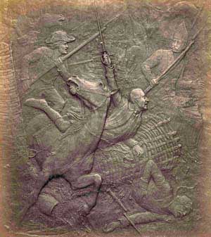 Bronze plaque portraying the wounding of American General Benedict Arnold at the Breymann Redoubt.  Arnold is still on the American side in 1777.