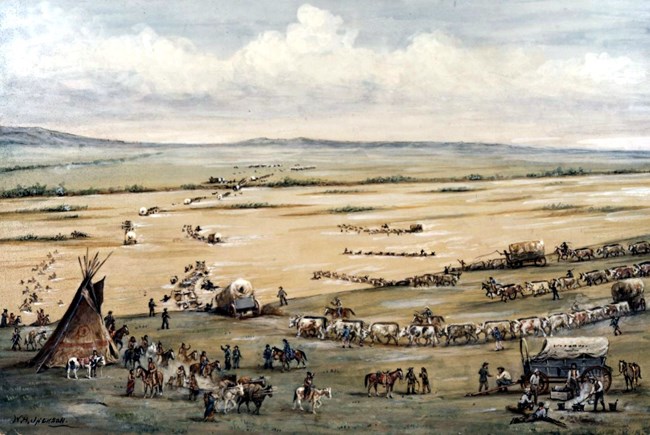 A watercolor painting of covered wagons and people passing a Native encampment.