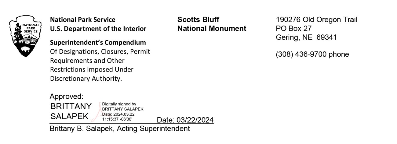 A digital signature of the Scotts Bluff National Monument Superintendent's Compendium cover page.