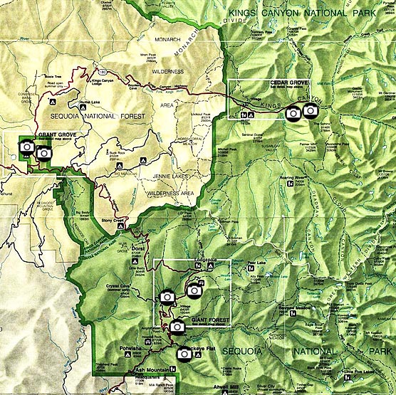 Map of Sequoia and Kings Canyon National Parks showing locations of eight 360-degree Quicktime VR movies.