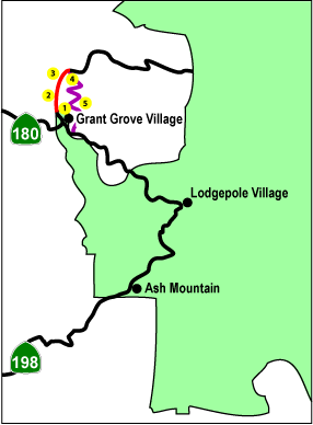 Map showing views on Hwy 180 around Grant Grove