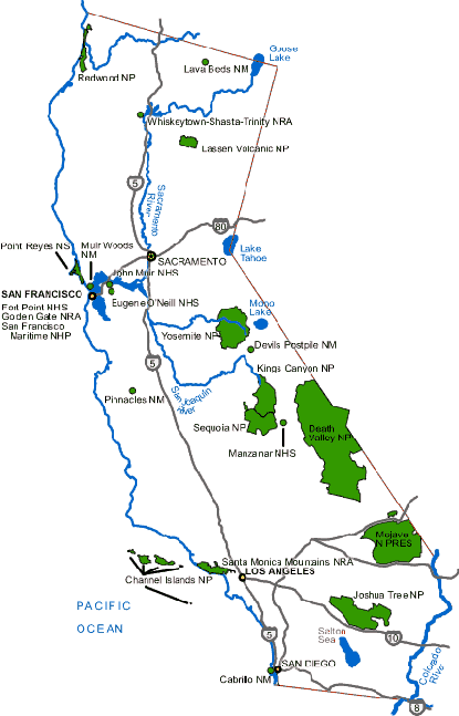 A map of national park units in California