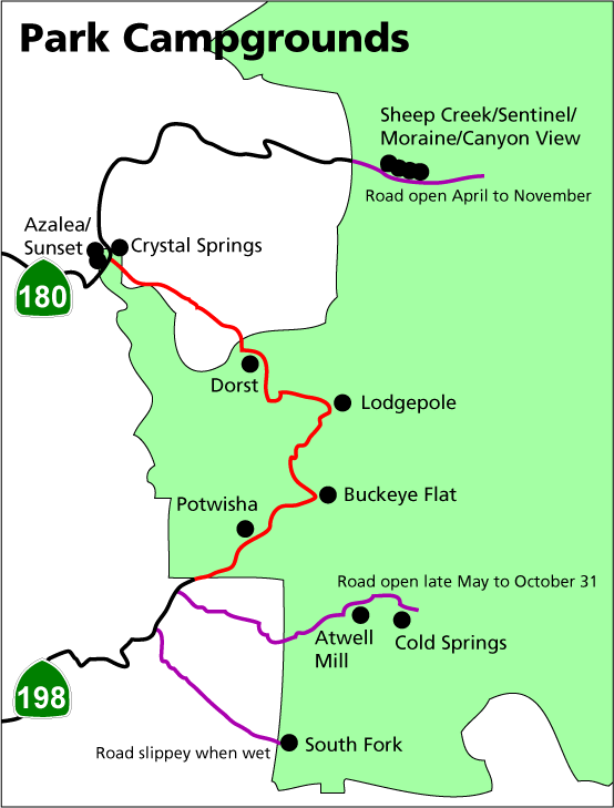 Map showing campgrounds in the parks