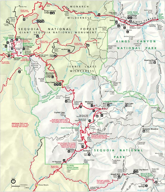 Map showing roads in and around Sequoia and Kings Canyon Naitonal Parks
