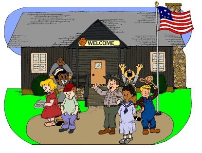 Cartoon comic of children and NPS Ranger at a NPS Ranger Station