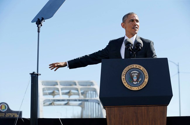 President Obama speaks at the Edmund Pettus Bridge