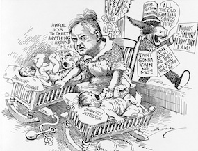 A depression-era cartoon depicting Hoover's struggle with the economy.