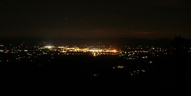 The nighttime lights of Luray, Va as seen from the elevation of Shenandoah National Park.