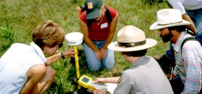 Park staff conducting a GPS training for a project in Big Meadows.
