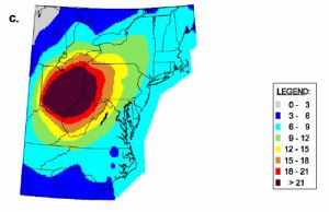 Chart of first-ranked state percent contribution contour for sulfate air concentrations (OH).  From Assessment of Air Quality and Related Values in Shenandoah National Park, 2003.