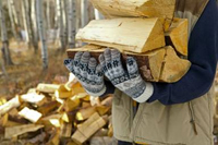 Hand and arms of a person holding a stack of cut wood