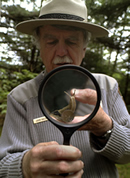 Park ranger John Hallum gets a close up view of a slug.